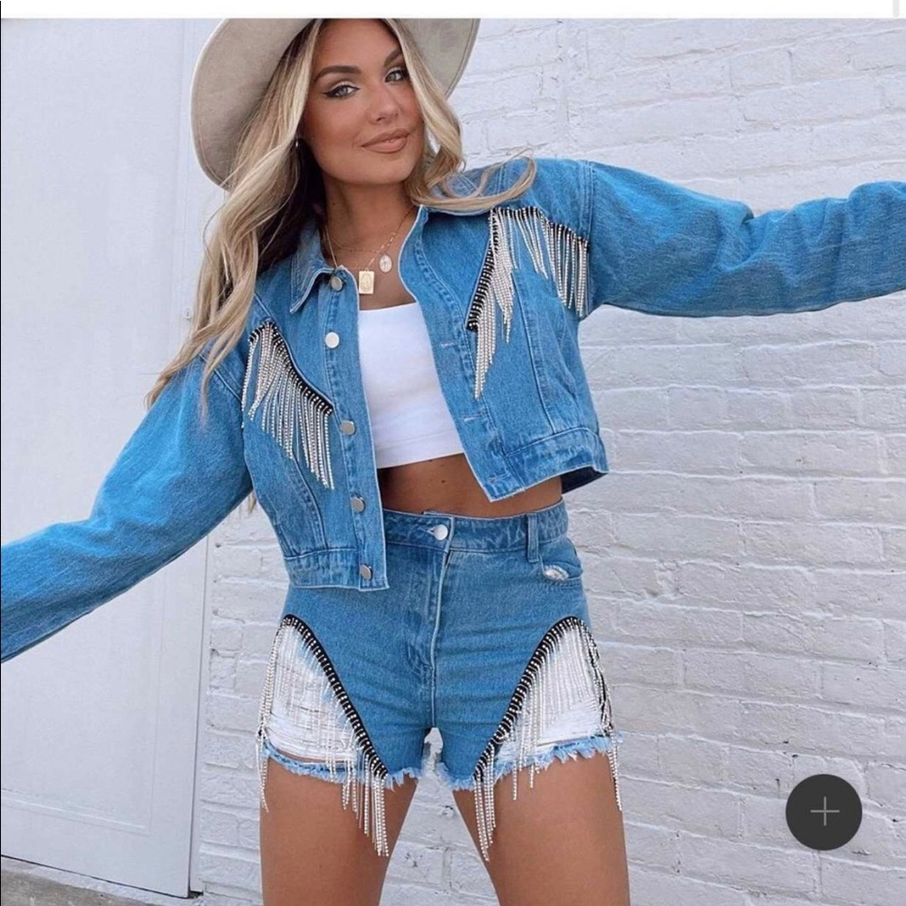 Denim rhinestone jacket & shorts